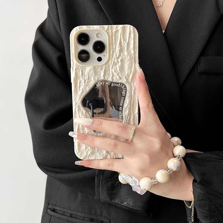 Makyaj Aynalı Kabartma Dokulu Kordon Telefon Kılıfı
